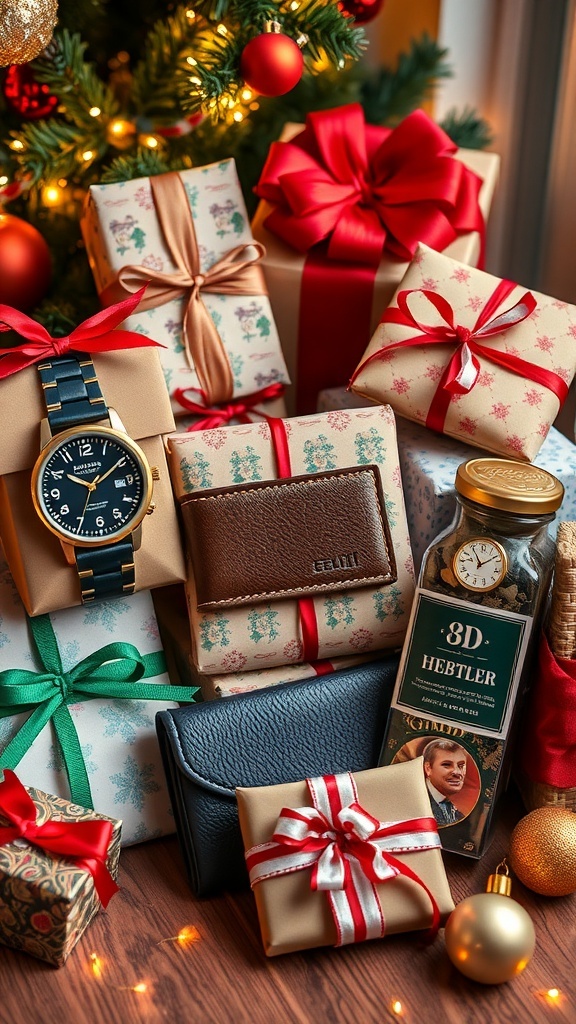 A collection of thoughtful Christmas gifts for a boyfriend, including a watch and gourmet basket, set against a festive background.